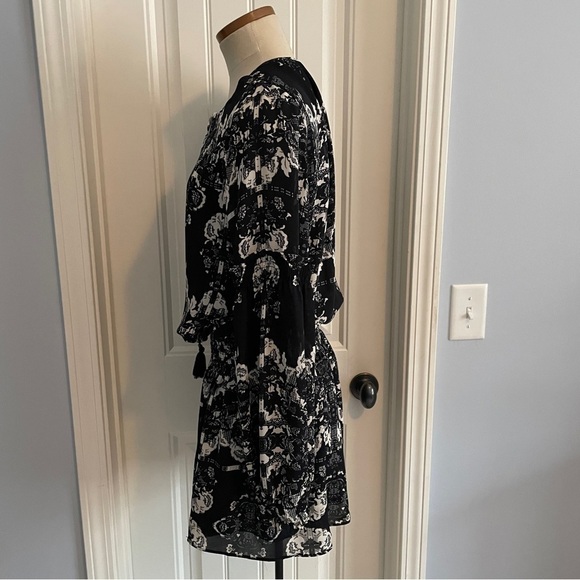 Parker Medium Black & Ivory Mini Dress ~ Smocked Waist Festive Party Cocktail - Picture 2 of 10